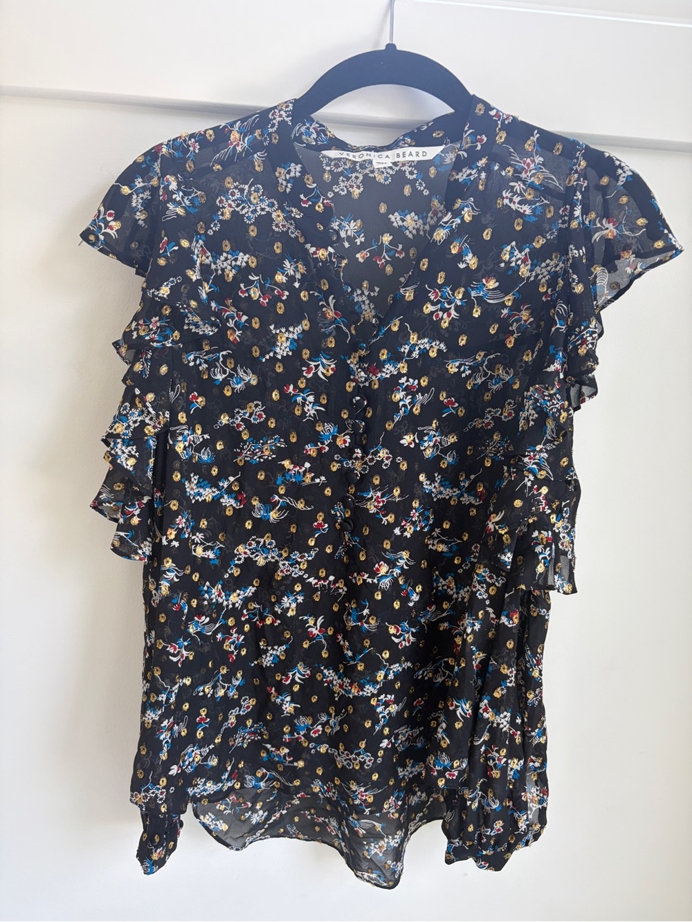 Veronica Beard Black Floral Ruffle- Cold Shoulder Sleeve Blouse